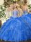 Sleeveless Floor Length Beading and Ruffles Lace Up Military Ball Gown with Blue