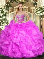 Sweetheart Sleeveless Sweet 16 Quinceanera Dress Floor Length Beading and Ruffles Fuchsia Organza