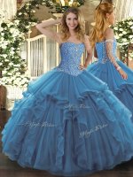 Teal Tulle Lace Up Sweetheart Sleeveless Floor Length Quince Ball Gowns Beading and Ruffles