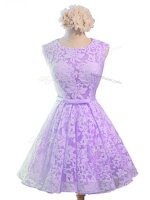 Pretty Scoop Sleeveless Quinceanera Dama Dress Knee Length Belt Lavender Lace