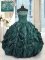 Floor Length Lace Up Quince Ball Gowns Peacock Green for Military Ball and Sweet 16 and Quinceanera with Beading and Appliques and Embroidery and Pick Ups