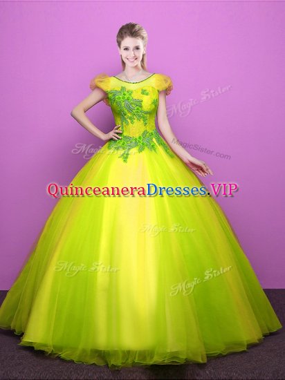 Yellow Green Scoop Neckline Appliques Quinceanera Gowns Short Sleeves Lace Up - Click Image to Close