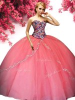 Attractive Watermelon Red Tulle Lace Up Sweetheart Sleeveless Floor Length Sweet 16 Dress Beading