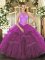 Stunning Fuchsia Ball Gowns Organza High-neck Sleeveless Beading and Ruffles Floor Length Lace Up Sweet 16 Quinceanera Dress