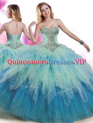 Sweetheart Sleeveless Tulle Quinceanera Dresses Beading and Ruffles Lace Up