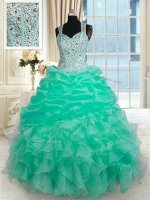 Fantastic Turquoise Organza Zipper 15 Quinceanera Dress Sleeveless Floor Length Beading and Ruffles