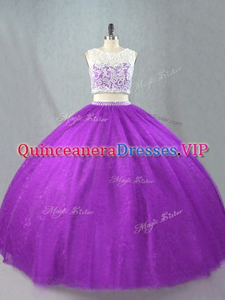 Unique Purple Scoop Neckline Beading Sweet 16 Quinceanera Dress Sleeveless Zipper