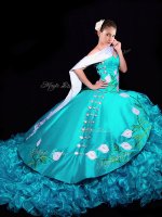 Aqua Blue Organza Lace Up Sweetheart Sleeveless Sweet 16 Dress Brush Train Embroidery and Ruffles