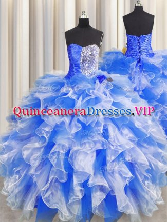 Blue And White Sweetheart Lace Up Beading and Ruffles and Ruching Quinceanera Dresses Sleeveless