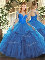 Deluxe Blue Quinceanera Gown Military Ball and Sweet 16 and Quinceanera with Lace and Ruffles Scoop Long Sleeves Lace Up