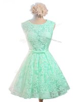 Sleeveless Lace Knee Length Lace Up Quinceanera Dama Dress in Apple Green with Belt