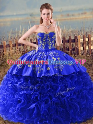 Designer Sleeveless Embroidery and Ruffles Lace Up Sweet 16 Quinceanera Dress with Royal Blue Brush Train