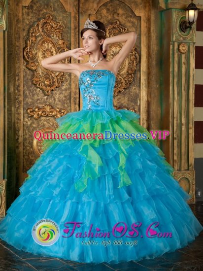 Rhosneigr Gwynedd Strapless Colorful Appliques Ruffles Layerd For Quinceanera Dress Ball Gown Customize - Click Image to Close