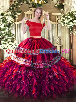 Custom Made Fuchsia Off The Shoulder Zipper Embroidery and Ruffles Quinceanera Dress Short Sleeves