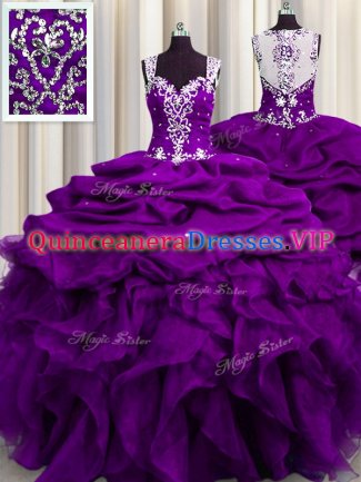 See Through Back Sleeveless Organza Floor Length Zipper Sweet 16 Quinceanera Dress in Purple with Beading and Ruffles and Sequins and Pick Ups