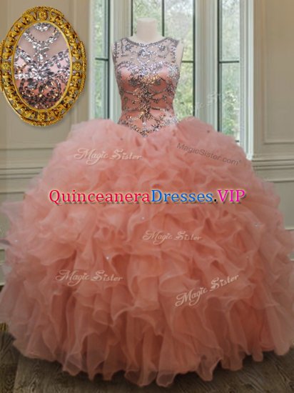 Excellent See Through Peach Ball Gowns Organza Scoop Sleeveless Beading and Ruffles Floor Length Lace Up Quince Ball Gowns - Click Image to Close