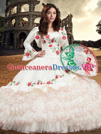 Organza and Taffeta Sleeveless Floor Length Quince Ball Gowns and Embroidery and Ruffles