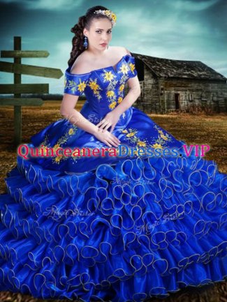 Excellent Ruffled Off The Shoulder Short Sleeves Lace Up 15 Quinceanera Dress Royal Blue Organza