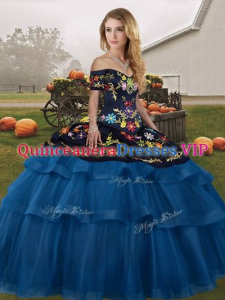 Dazzling Off The Shoulder Sleeveless Brush Train Lace Up Quinceanera Dresses Blue And Black Tulle