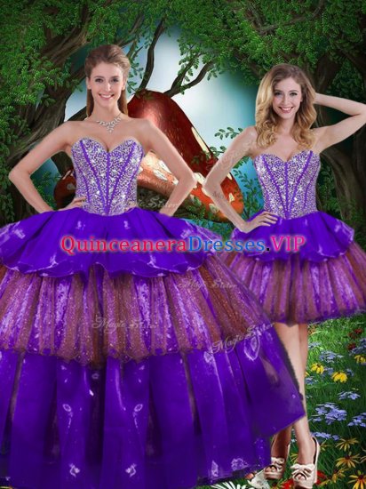 Multi-color Organza Lace Up 15th Birthday Dress Sleeveless Floor Length Beading and Ruffled Layers and Sequins - Click Image to Close