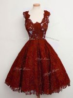 Decent A-line Quinceanera Court of Honor Dress Rust Red Straps Lace Sleeveless Knee Length Lace Up