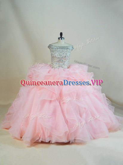 Pink Ball Gowns Off The Shoulder Sleeveless Organza Brush Train Lace Up Beading and Ruffles Vestidos de Quinceanera - Click Image to Close