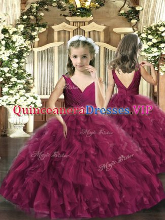 Beading and Ruffles Pageant Gowns For Girls Burgundy Backless Sleeveless Floor Length