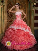 Pickens South Carolina S/C Fabulous Waltermelon New Style Arrival Strapless Ruffles Quinceanera Dress with Appliques Decorate