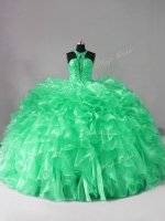 High End Sleeveless Organza Brush Train Lace Up Quinceanera Dresses in Green with Beading and Ruffles(SKU PSSW0856-13BIZ)