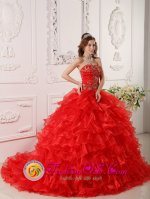 Ruffles and Embroidery Informal Red Rockingham WA Quinceanera Dress Strapless Organza Brush Train Ball Gown