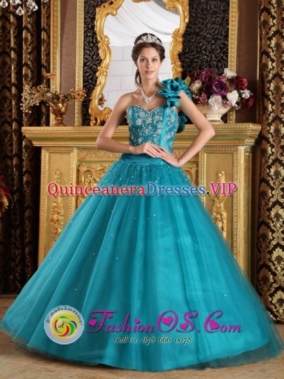 Stunning A-Line Princess Turquoise One Shoulder Quinceanera Gowns With Tulle Beaded Decorate In Chandler AZ　 - Click Image to Close