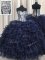 Best Selling Navy Blue Organza Lace Up Quinceanera Gowns Sleeveless Floor Length Ruffled Layers and Sequins