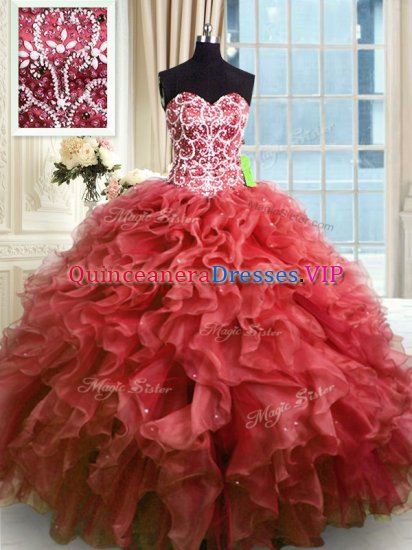 Beading and Ruffles 15th Birthday Dress Wine Red Lace Up Sleeveless Floor Length - Click Image to Close