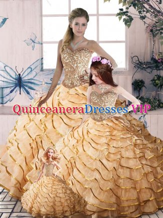 New Arrival Champagne Organza Lace Up Quinceanera Dress Sleeveless Brush Train Beading and Ruffled Layers