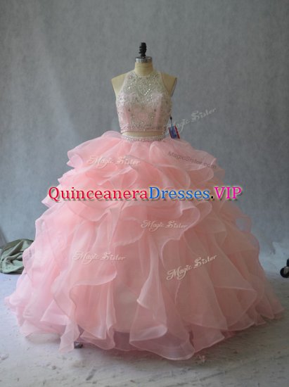 Peach Sleeveless Beading and Ruffles 15 Quinceanera Dress - Click Image to Close