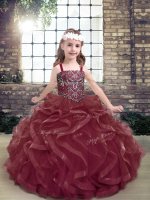 Most Popular Burgundy Lace Up Straps Beading and Ruffles Pageant Dress for Teens Organza Sleeveless