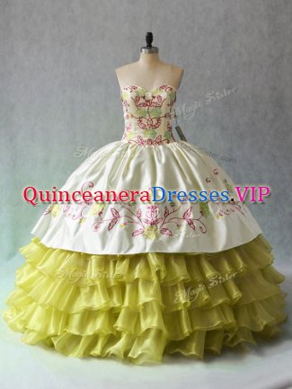 Discount Sleeveless Floor Length Beading and Ruffled Layers Lace Up Ball Gown Prom Dress with Yellow Green