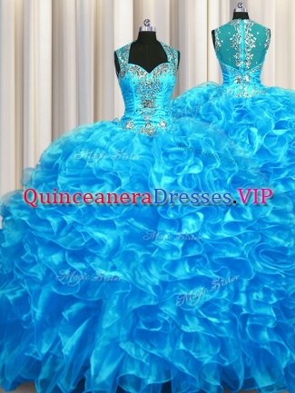 Adorable Zipper Up See Through Back With Train Ball Gowns Sleeveless Baby Blue 15th Birthday Dress Zipper