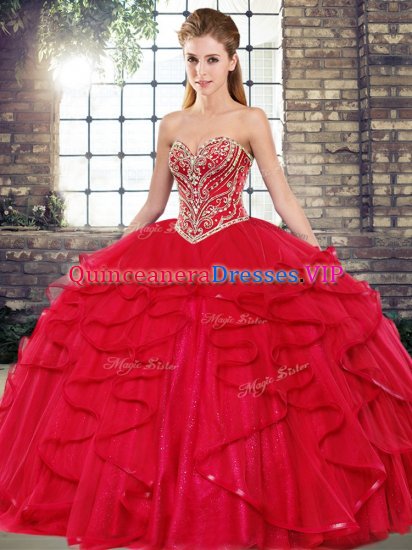 Comfortable Floor Length Lace Up Quinceanera Gowns Red for Military Ball and Sweet 16 and Quinceanera with Beading and Ruffles - Click Image to Close