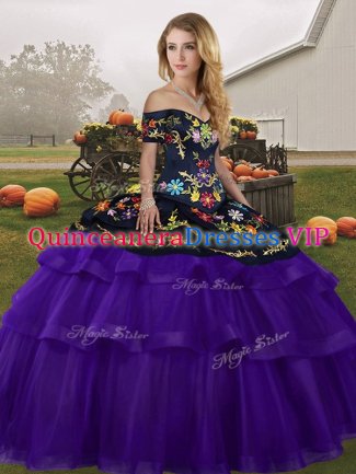 Black And Purple Ball Gowns Off The Shoulder Sleeveless Tulle Brush Train Lace Up Embroidery and Ruffled Layers 15th Birthday Dress