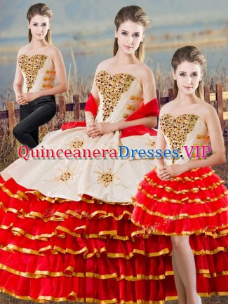 Hot Sale Floor Length Lace Up Quince Ball Gowns White And Red for Sweet 16 and Quinceanera with Beading and Ruffled Layers