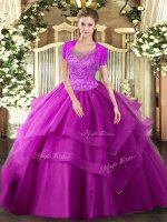 Gorgeous Sleeveless Floor Length Beading and Ruffles Clasp Handle 15 Quinceanera Dress with Fuchsia