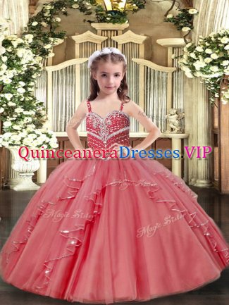 Custom Fit Tulle Sleeveless Floor Length Little Girl Pageant Dress and Beading and Ruffles