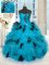 Blue And Black Tulle Lace Up Strapless Sleeveless Floor Length Quinceanera Gown Beading and Ruffles