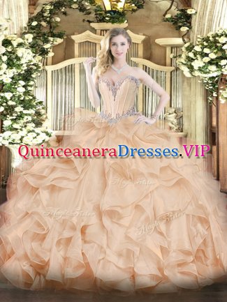 Perfect Organza Sweetheart Sleeveless Lace Up Beading and Ruffles Sweet 16 Dress in Peach