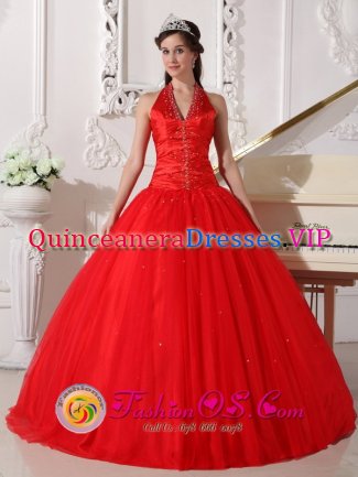 Tahoe City California/CA A-line Halter Beaded Decorate Red Tulle Sweet 16 Dress