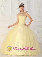 Rancho Cucamonga California/CA Fashionable Light Yellow Sweet 16 Quinceanera Dress With Sweetheart Ruched Bodice Organza Appliques In New Yock City