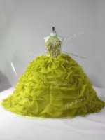 Sleeveless Beading and Pick Ups Lace Up Quince Ball Gowns with Olive Green Court Train