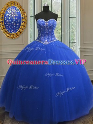 Amazing Royal Blue Lace Up Sweetheart Beading and Sequins 15 Quinceanera Dress Tulle Sleeveless