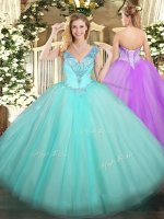 Floor Length Lace Up Ball Gown Prom Dress Aqua Blue for Military Ball and Sweet 16 and Quinceanera with Beading(SKU SJQDDT1254002BIZ)